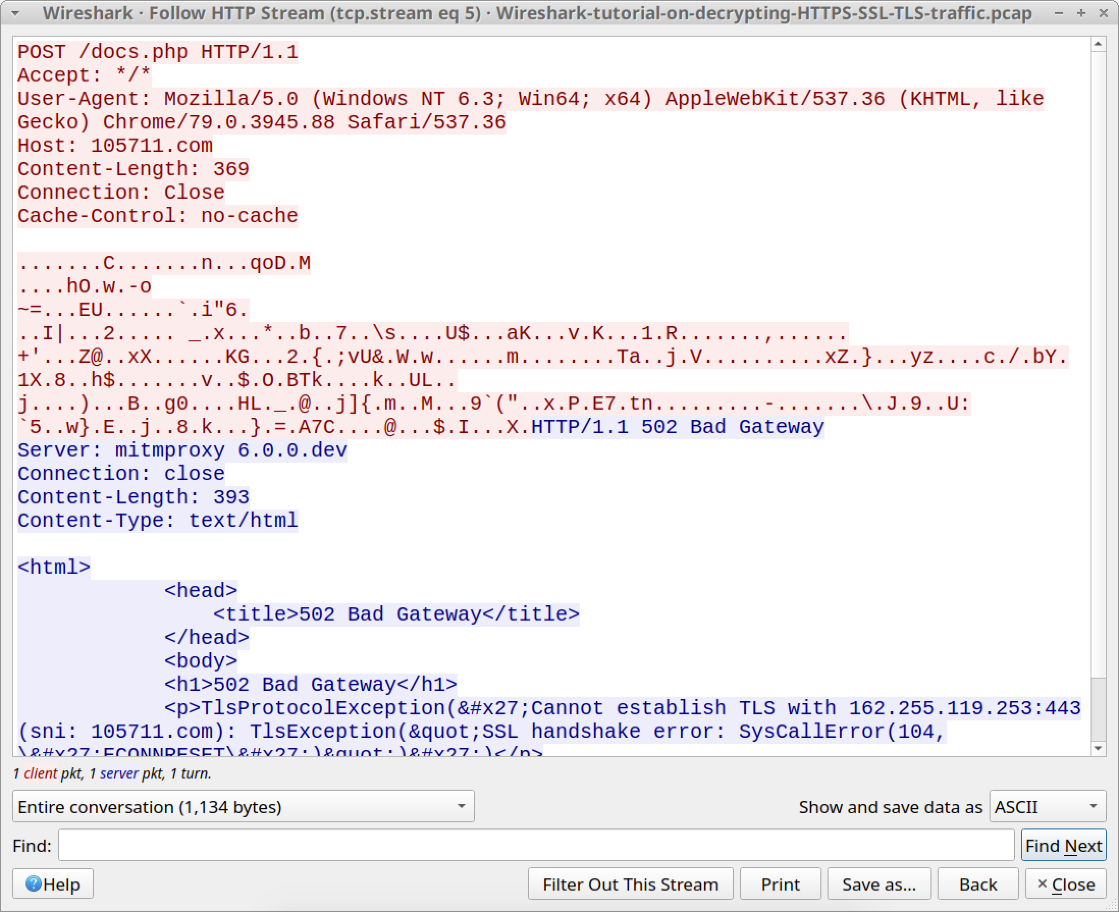 Wireshark - Follow HTTP Stream (tcp.stream eq 5) - Wireshark-tutorial-on-decrypting-HTTPS-SSL-TLS-traffic.pcap - the screenshot shows the HTTP stream from one of the Dridex C2 POST requests. 